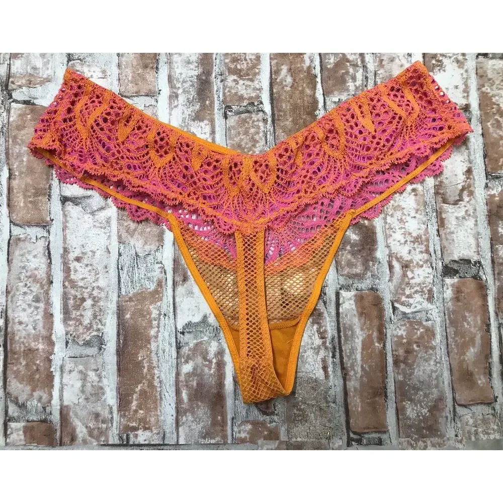 Rare Panties Waist Thong Panty Multicolor Pink Lace Fishnet Sexy Sz Large
